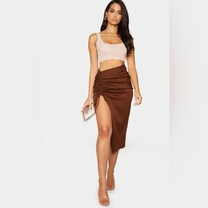 PrettyLittleThing Chocolate Woven Ruched Detail Midi Skirt